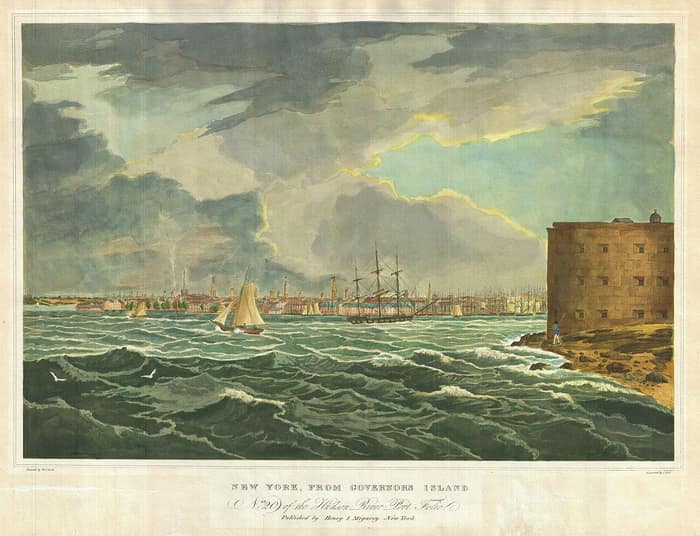 Historic 1825 view of New York City from the Hudson River with Governors Island