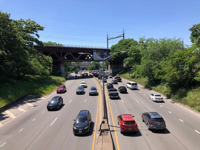 Road view along the Grand Central Parkway and Interstate 278 from an overpass in Queens