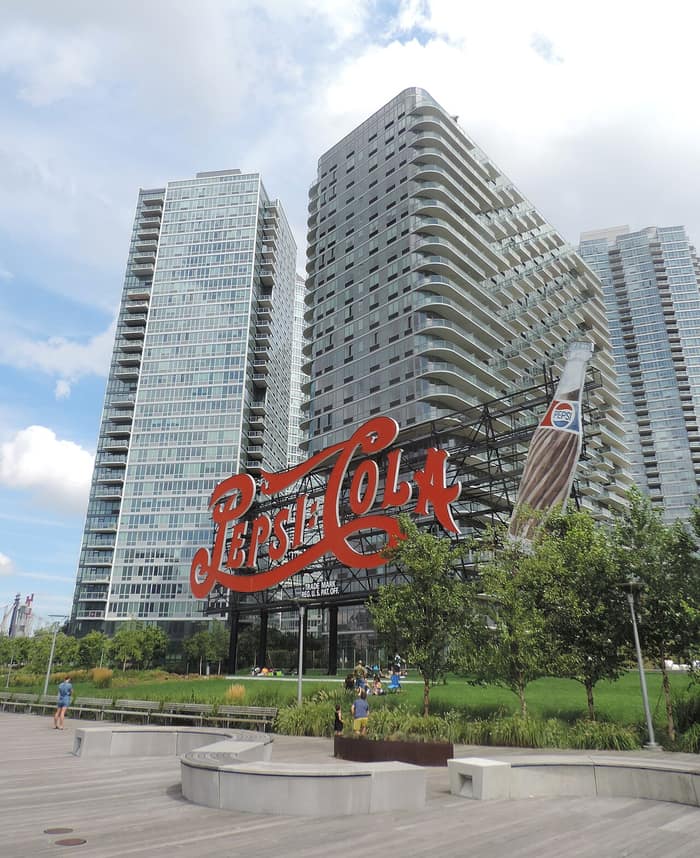 The Pepsi-Cola sign seen from Center Boulevard in Long Island City, Queens