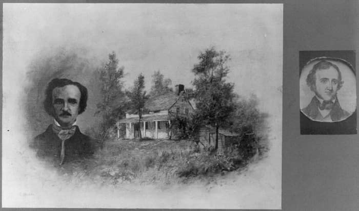 Antigua lámina compuesta de la casa de Fordham con un retrato de busto de Edgar Allan Poe