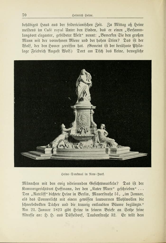 Old printed illustration of the Heine monument from a Jewish encyclopedia