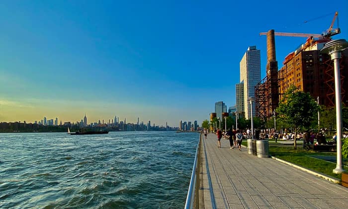 View north from Domino Park in Brooklyn with the skyline in the background, June 2022
