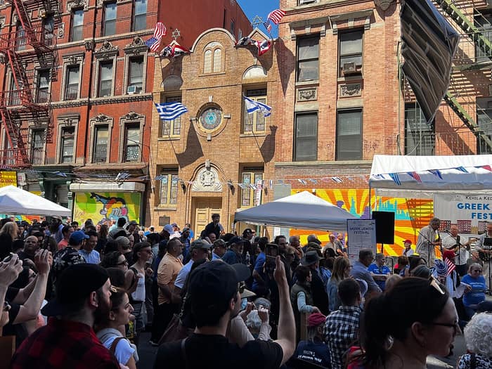 Exterior facade of the Kehila Kedosha Janina synagogue during the Greek Jewish Festival in 2025