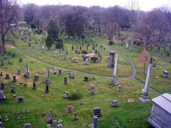 View of Green-Wood Cemetery in Brooklyn with its monuments and trees