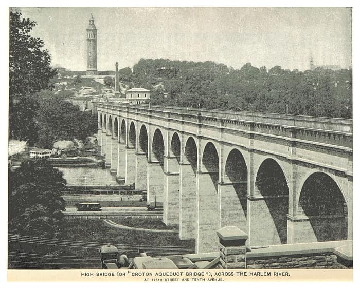 Illustration of the Croton Aqueduct Bridge, also called the High Bridge, across the Harlem River, from an 1893 book