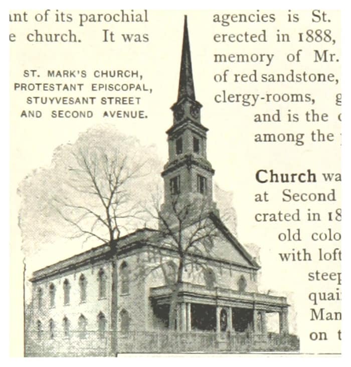 Engraving of St. Mark’s Church at Stuyvesant Street and Second Avenue from King’s 1893 guide to New York