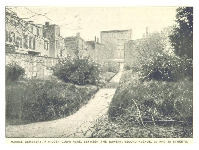 Historic engraving of the Marble Cemetery on Second Avenue between 2nd and 3rd Streets