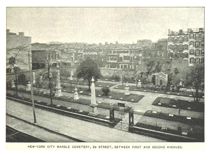 Historic illustration of a New York marble cemetery from an 1893 guide to the city