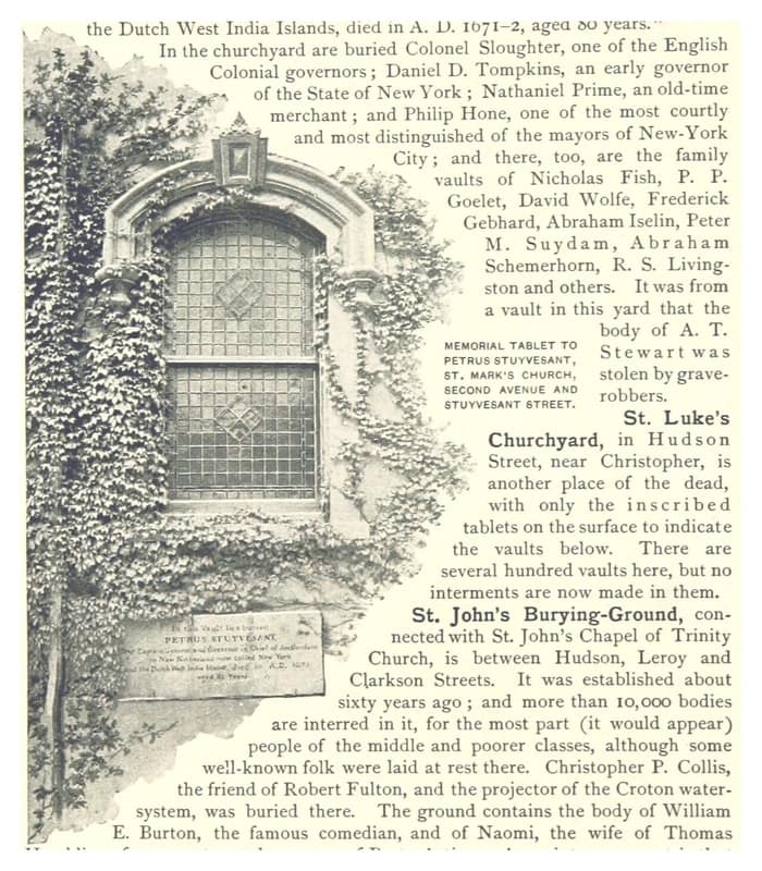 Memorial plate to Petrus Stuyvesant at St. Mark’s Church, from King’s 1893 guide