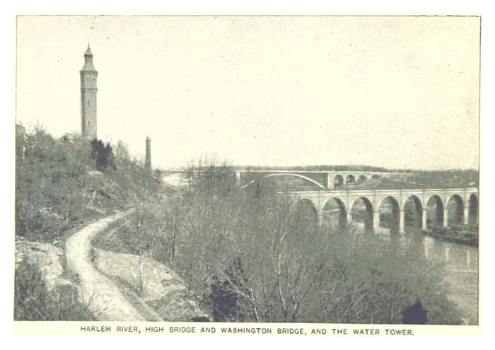 Historic illustration of the Harlem River with the High Bridge, the Washington Bridge and the water tower