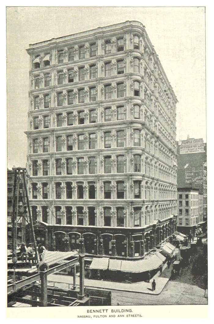 1893 view of the Bennett Building at the corner of Nassau, Fulton and Ann Streets