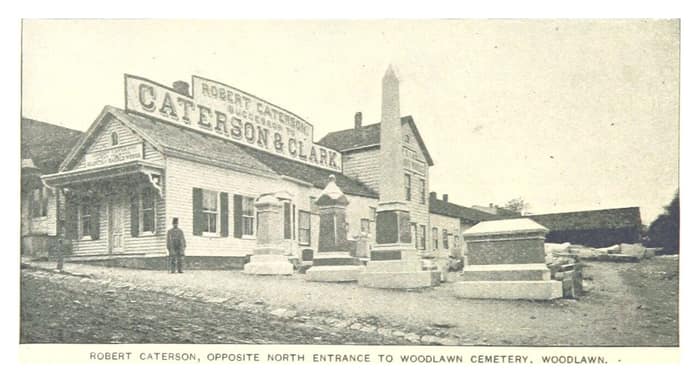 Historic illustration of a building opposite the north entrance to Woodlawn Cemetery
