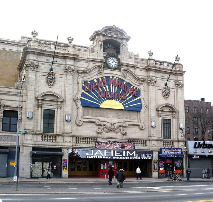 Baroque terracotta facade of the Loew’s Paradise Theater on the Grand Concourse in the Bronx