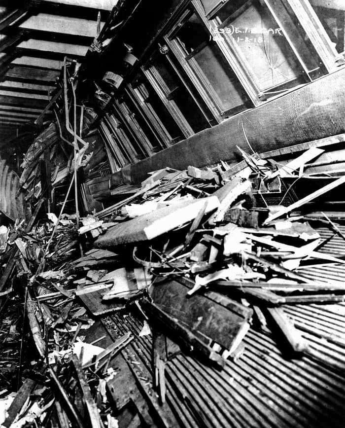 Historic photograph of the wrecked train after the Malbone Street wreck of 1918 in Brooklyn