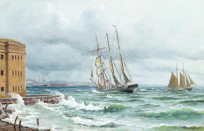 Painting of ships entering New York Harbor past Fort Hamilton, 1904