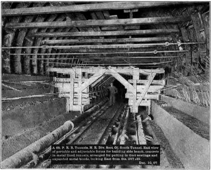 Concrete forms inside the south tube during construction of the North River Tunnels in 1907