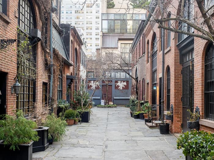 View of the brick stables along Sniffen Court in Manhattan