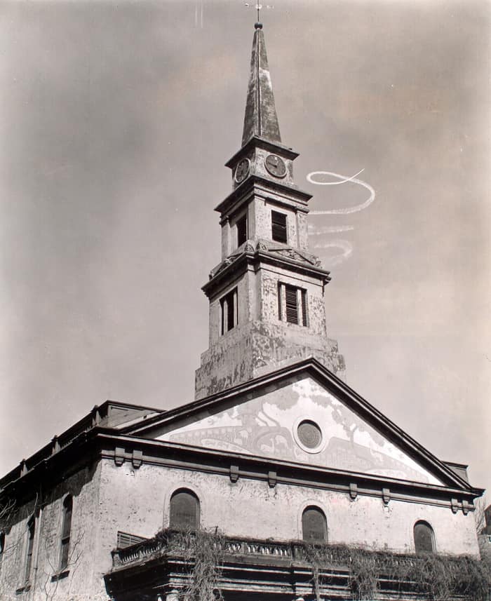Sky-writing spiral above St. Mark’s Church at East 10th Street and Second Avenue in an old photograph