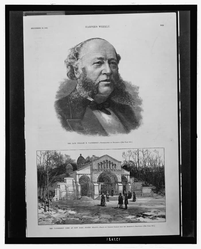 Engraving of William H. Vanderbilt and the Vanderbilt tomb at New Dorp, Staten Island