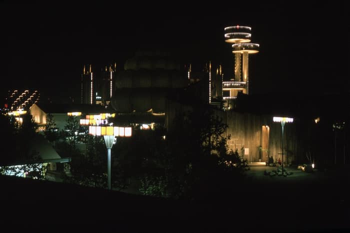 Night view of the 1964–65 World’s Fair grounds in Flushing Meadows