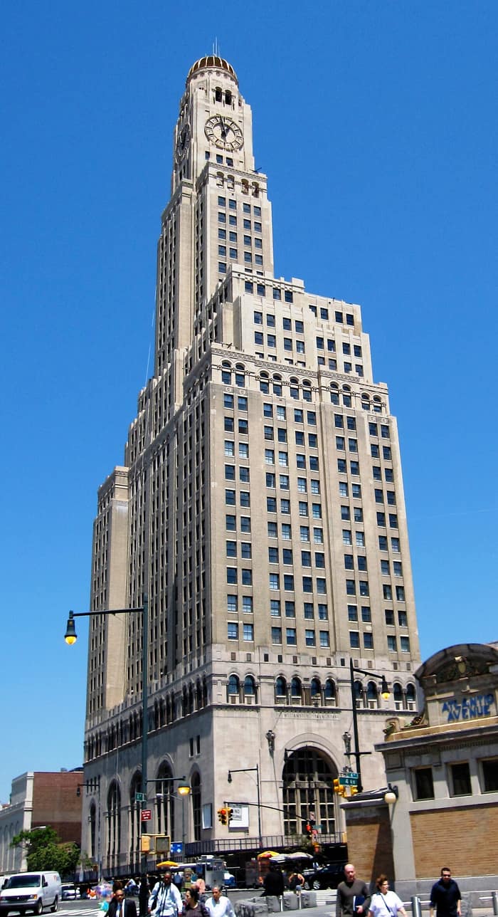 The Williamsburgh Savings Bank Tower in Fort Greene, Brooklyn, with its clock tower and domed top